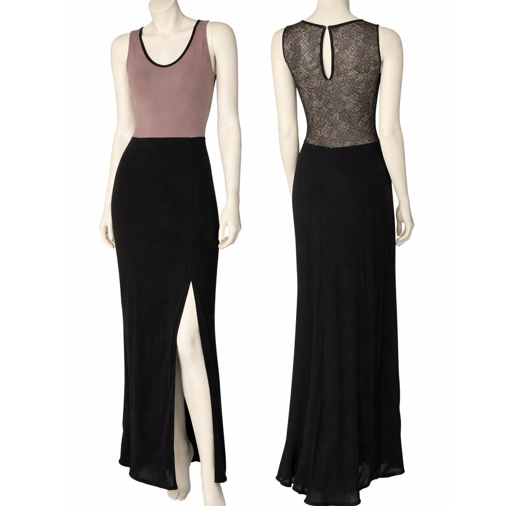 Anthro Scrapbook Maxi Dress Pink Black Colorblock Lace Back Slit Knit Small